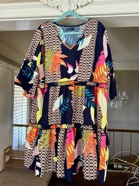Navy Tropical Tiered Knee Length Dress with Bright Leaf Print